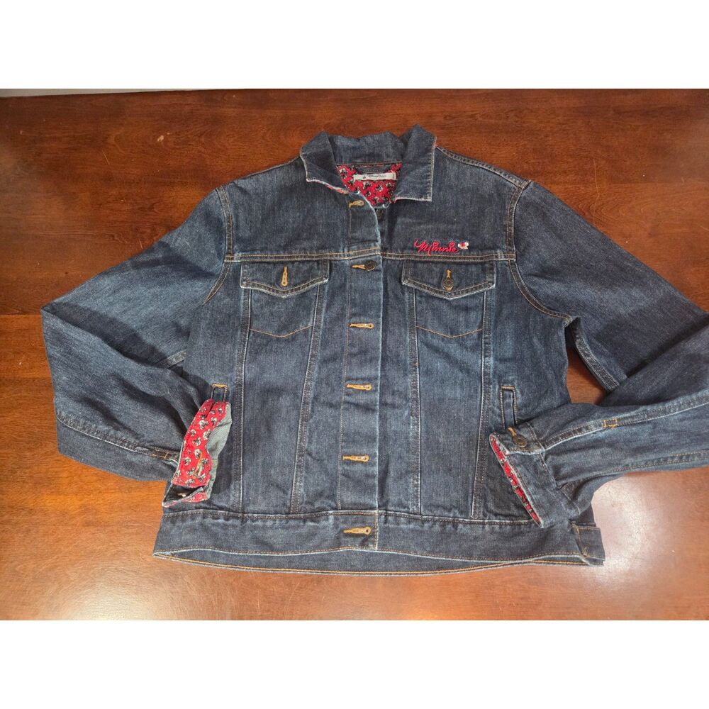 Disney Parks Minnie Mouse Denim Jean Jacket Red Floral Lining Women’s M
